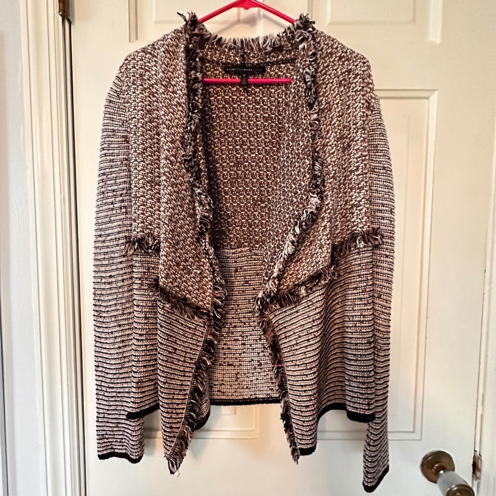 White House Black‎ Market Tweed Fringe Open Front Jacket Multi colored M